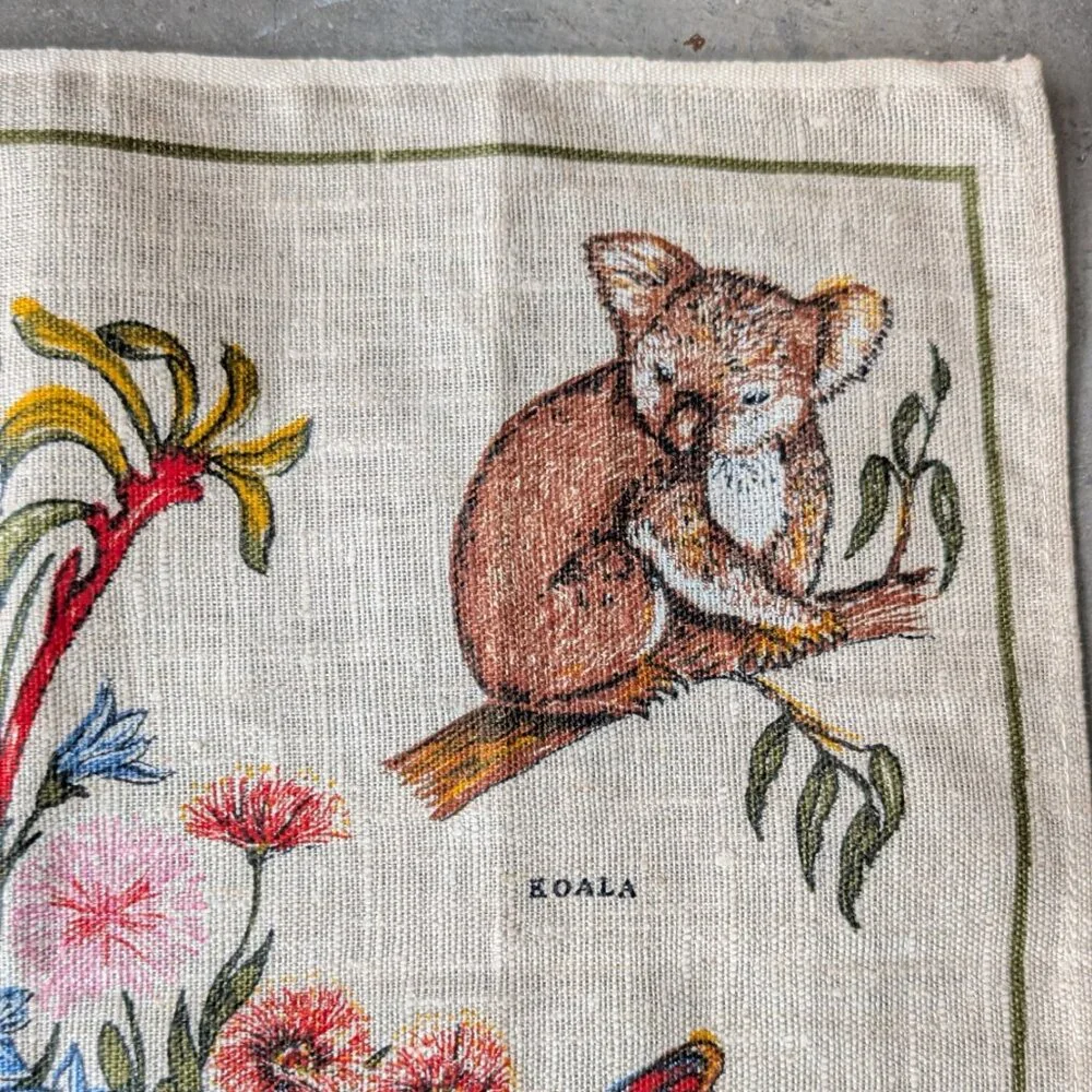 Vintage Pure Linen Souvenir Australian Wildlife Tea Towel